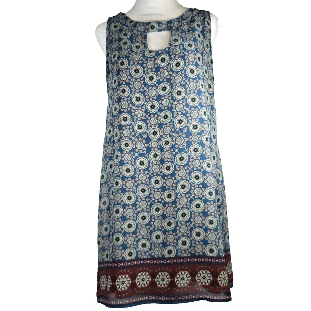 Lucy Love Womens M Sleeveless Shift Dress Blue Medallion Print Boho Keyhole USA